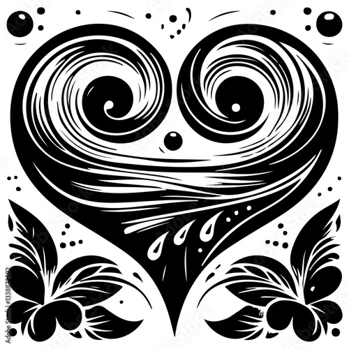 Intriguing Ornamented Heart Black-and-White Silhouette