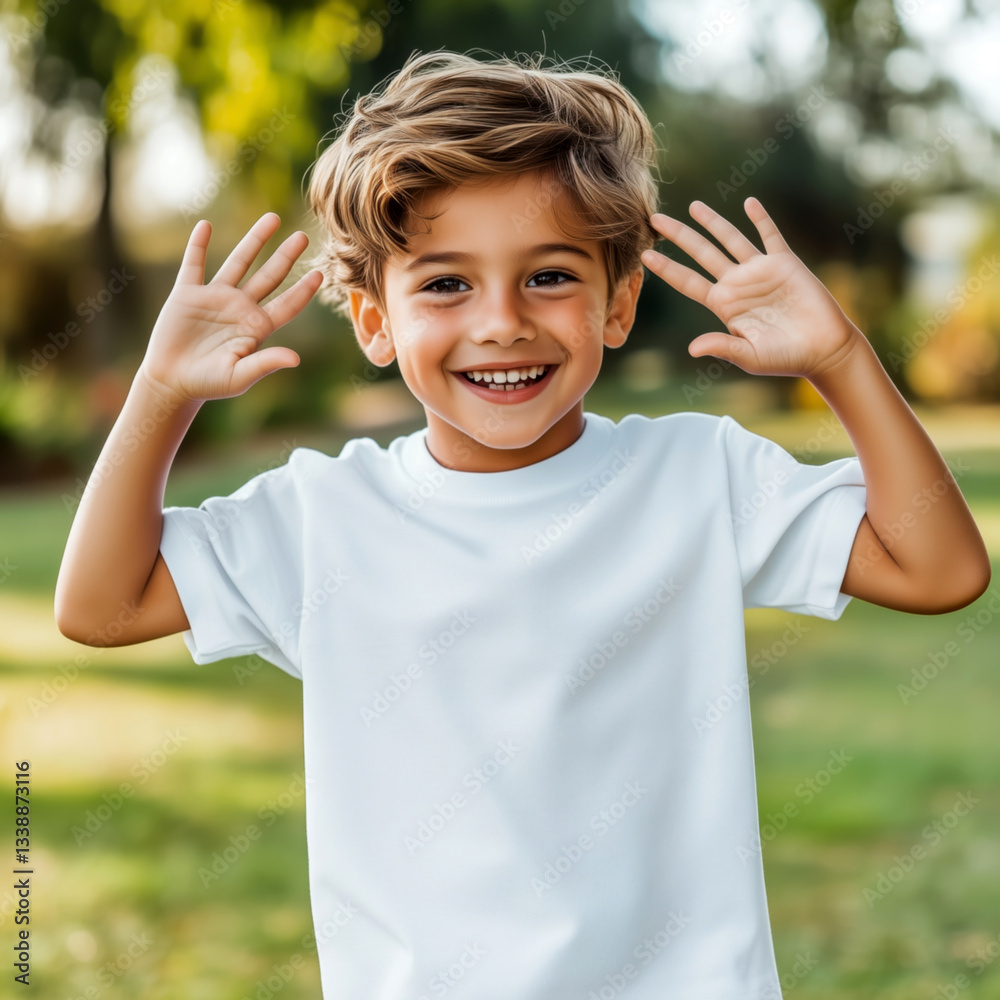 Summer kid model mockup. Happy little boy wearing white shirt standing at the city park raising both hands. Kids blank short sleeve t-shirt template. Children's casual tee mockup, urban street outdoor Summer kid model mockup. Happy little boy wearing white shirt standing at the city park raising both hands. Kids blank short sleeve t-shirt template. Children's casual tee mockup, urban street outdoor