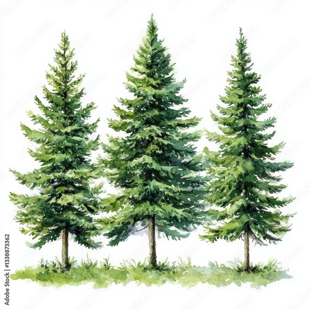 Fototapeta premium Three fir trees stand tall, painted in realistic boho style, adding charm.