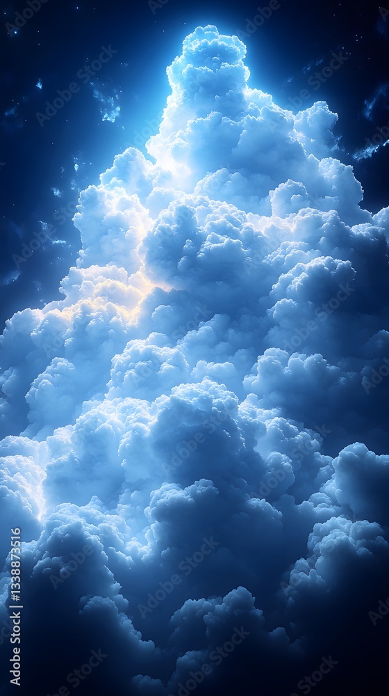 Naklejka premium Skyward Majesty: Captivating aerial view of a cumulus cloud formation illuminated by a radiant heavenly light, presenting a spectacle of nature's artistry in the vast expanse of the sky. 