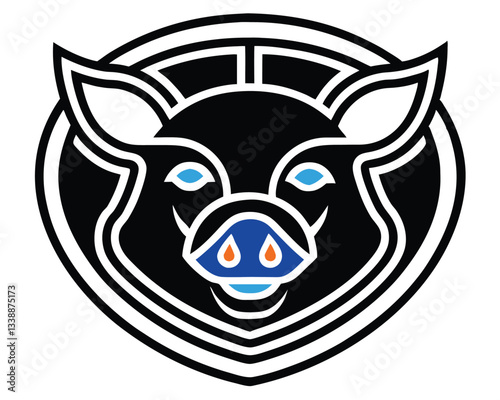 A stylized logo with in blue, white, red, and orange. The orange color is used for the stylized Pig head. The Pig head has its eyes closed and its mouth open. The background is black. photo