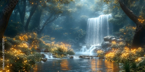 Mystical Waterfall: An enchanting scene unfolds as a serene waterfall cascades into a calm pond within a lush, vibrant forest, creating a sense of wonder and tranquility.
