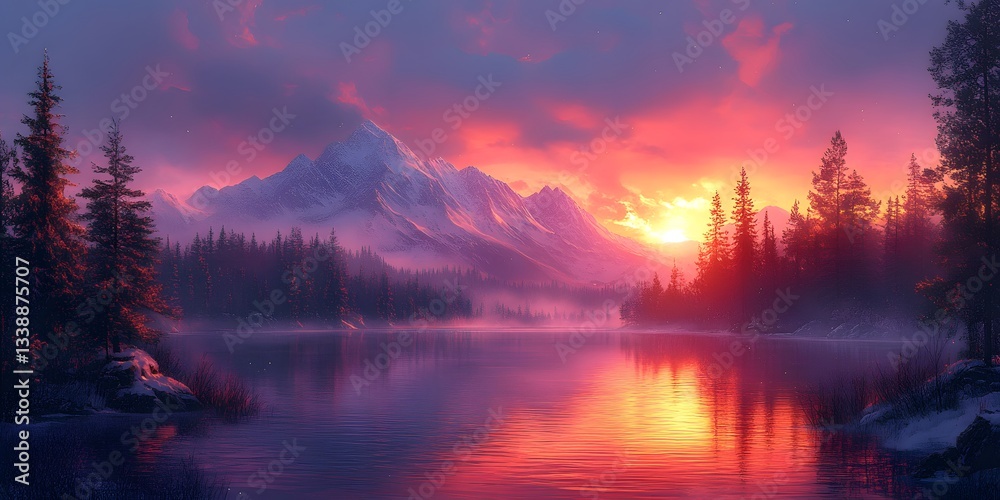 Fototapeta premium Sunset Serenity: Majestic mountain range overlooks serene lake, reflecting the warm glow of a vibrant sunset, with silhouettes of trees creating a sense of peace. 