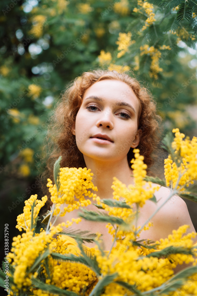Girl in a yellow swimsuit in a February mimosa garden Girl in a yellow swimsuit in a February mimosa garden