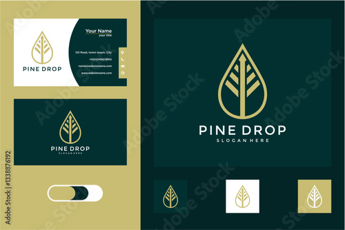 Gold and Green Minimalist Pine Drop Leaf Logo Design