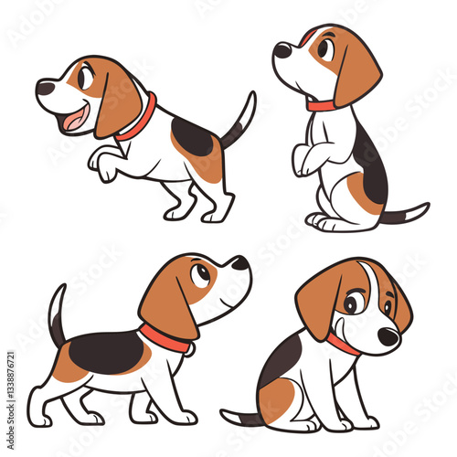 Four cute cartoon beagles in different poses