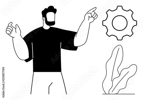 Bearded man gesturing at a gear beside abstract leafy shapes, suggesting ideas of settings, growth, innovation, productivity, teamwork, learning, and goal-setting. Perfect for a flat simple metaphor