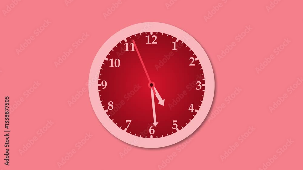 A white frame counting down circle analog clock isolated animation on a red background