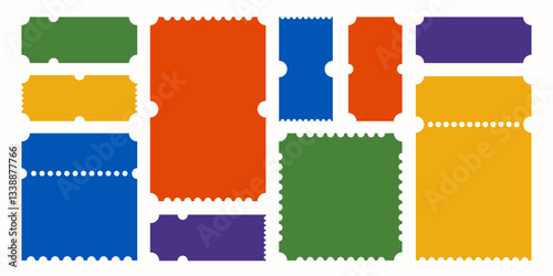 Empty ticket backgrounds with stabbing, coupons shapes, colorful text and message paper text boxes. Vector illustration.