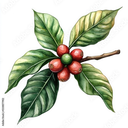 Watercolor coffee branch with berries and leaves, realistic boho style. photo