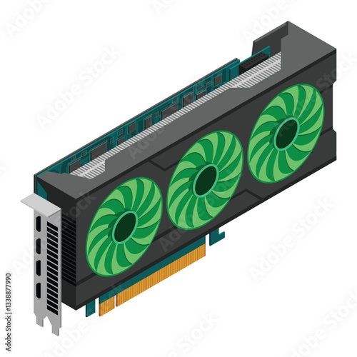 Isometric video graphic card. Video card isometric. Computer hardware components. GPU graphic card illustration