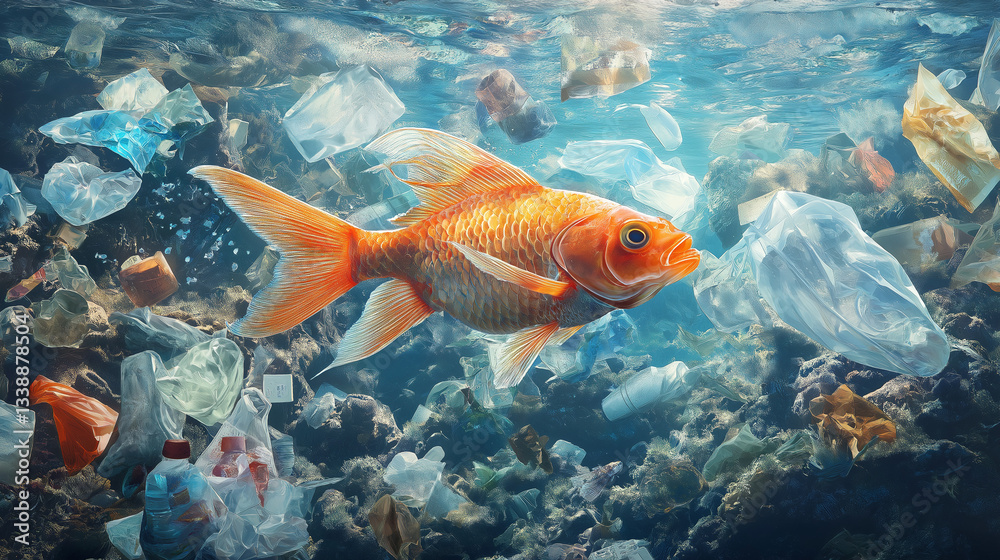 Naklejka premium underwater scene of a coral reef filled with plastic debris, featuring a reddish-orange fish swimming amidst swirling plastic bags