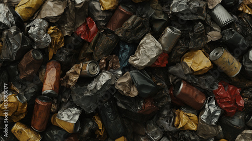 close-up view of a large pile of mixed plain metal recyclables