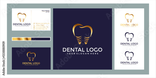 Gold Dental Logo Design with Business Card Template