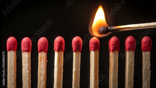 Igniting the spark: A close-up image of matches, one alight, setting off a chain reaction, symbolizing innovation, starting, idea, and growth.