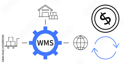 WMS gear links warehouse, pallets, globe, money, arrows for cycle. Ideal for logistics, inventory control, supply chain, cost management global shipping ecommerce flat simple metaphor