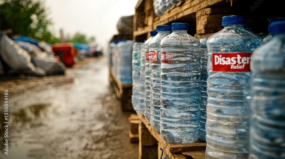 Fototapeta premium Plastic water bottles stacked on wooden pallets in a disaster relief area