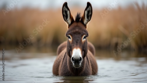 Donkey Standing In Water Looking At Camera photo