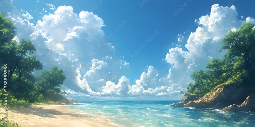 Fototapeta premium Coastal Paradise: A breathtaking digital painting captures a sun-drenched coastal landscape, featuring crystal-clear turquoise waters, pristine sandy shores.