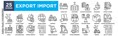 Export import icon collection set. Containing cargo ship,customs clearance,global supply,shipping,export license icon. Simple line vector.
