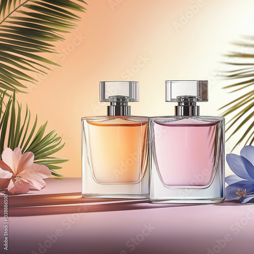  Luxury Summer Perfume Bottles with Tropical Floral Accents – High-End Fragrance Collection.