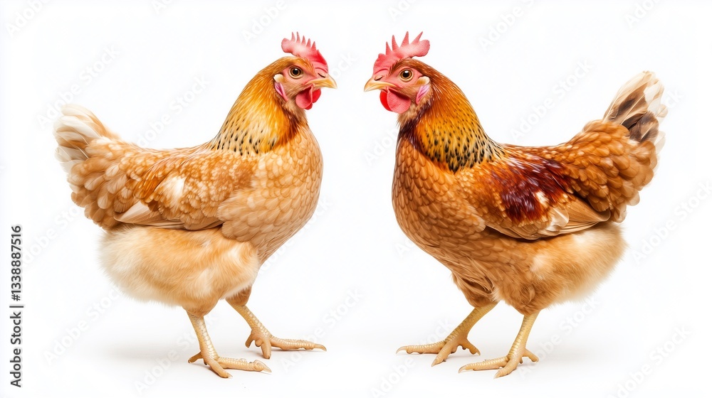 Fototapeta premium Two chickens with red beaks and red combs facing each other