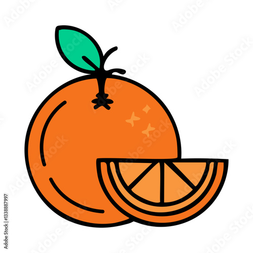  Flat illustration of orange fruit with slice vector icon for web design