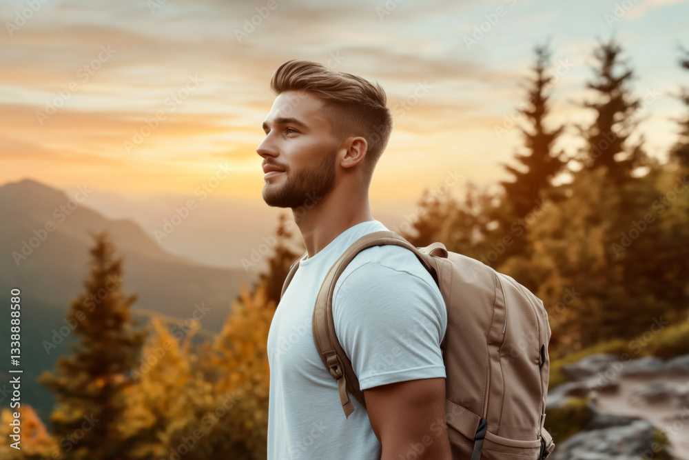 Obraz premium Men's casual white t-shirt, short sleeve mockup. Trekking young man with backpack standing on mountain, autumn forest background. Men's basic shirt. Travelling, hiking, tour, trip, designs mock