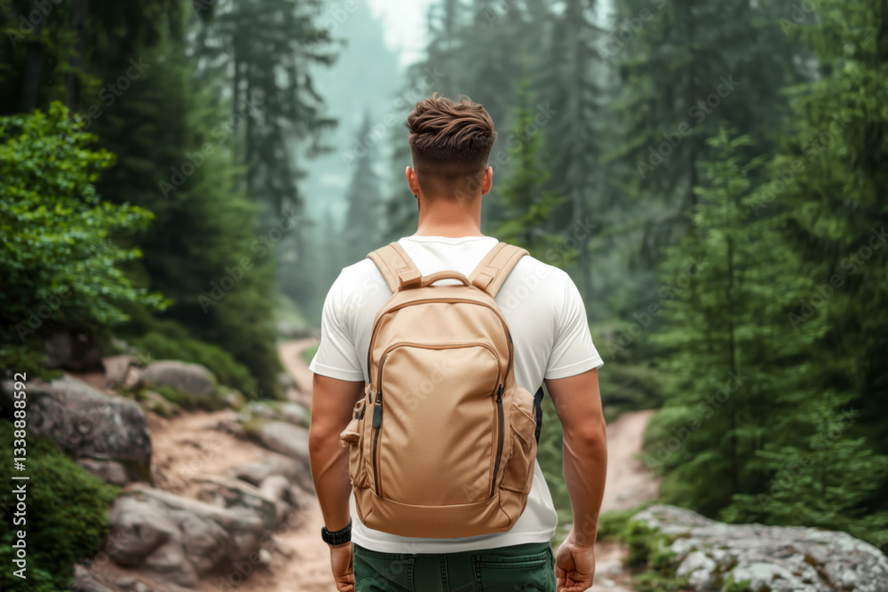 Naklejka premium Young man standing with his back, with beige trekking backpack, wearing white slim fit tee, walking on forest trail near mountain stream. Travelling, hiking, sports, active lifestyle designs mock