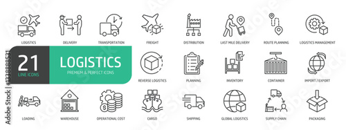 Set Of Logistics Line Icons. Set contains such icons as Delivery, Freight, Logistics Management, Cargo, Import / Export, Packing,  Global Logistics, Supply Chain, and more.