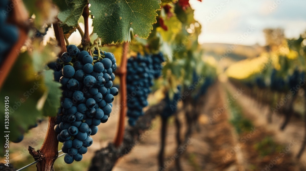 Fototapeta premium Grapevines with ripe bunches in a vineyard at sunset