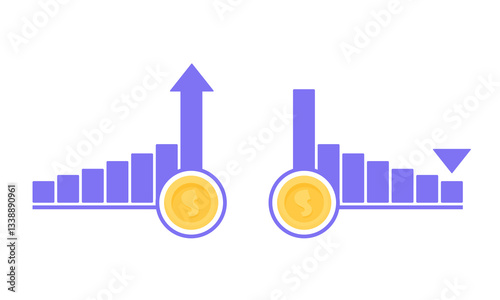 Purple chart with falling and rising prices on a white background