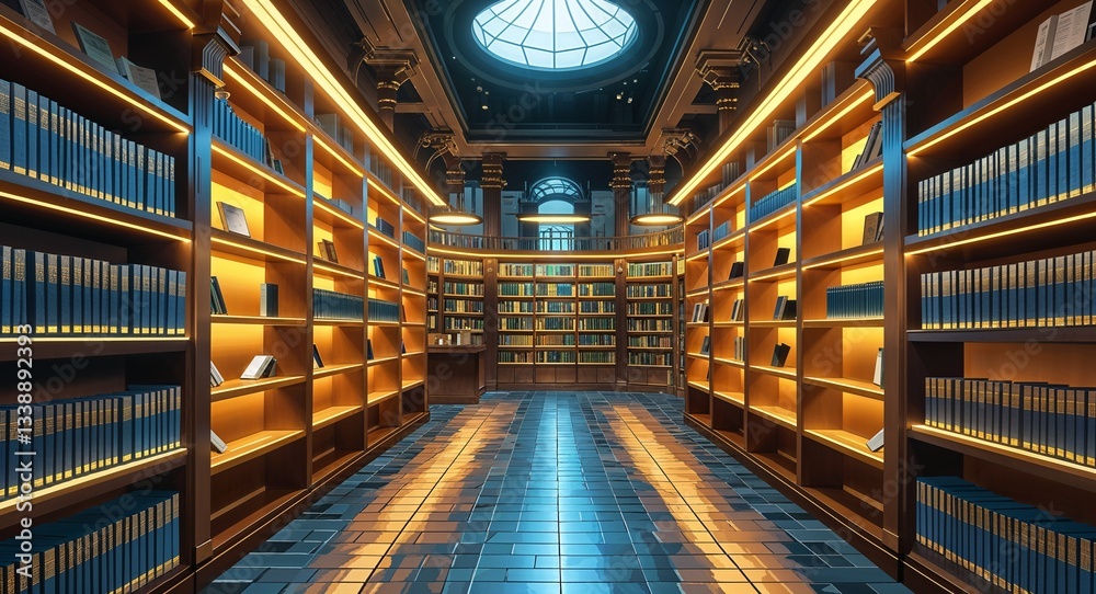 Fototapeta premium Underground library with glowing golden bookshelves building design on manga design illustration background
