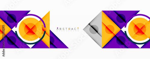 Geometric abstract design with layered triangles, circles, and gradients, forming a structured pattern with sharp contrasts and depth