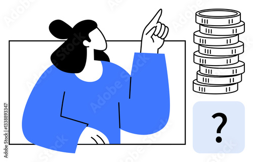 Woman gestures upward near coin stack and question mark, suggesting financial growth, saving, investment, decision-making, budgeting, economic planning, profit goals. Ideal for business finance
