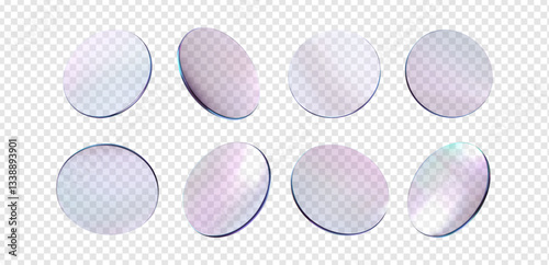 Glass round transparent plate set. Circle shape lens light holographic gradient effect. Clear glossy disk, badge, lens, crystal element glass material. Vector realistic morphism illustration