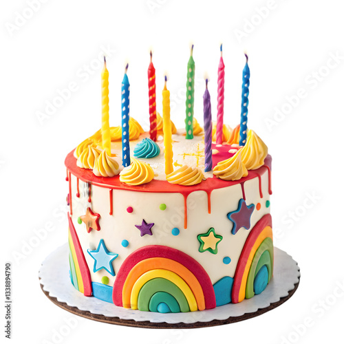 Rainbow Birthday Cake with Candles on transparent background