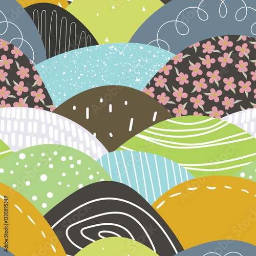 Seamless floral pattern based on traditional folk art ornaments. Colorful flowers on color background. Scandinavian style. Sweden nordic style. Vector illustration. Simple minimalistic pattern.