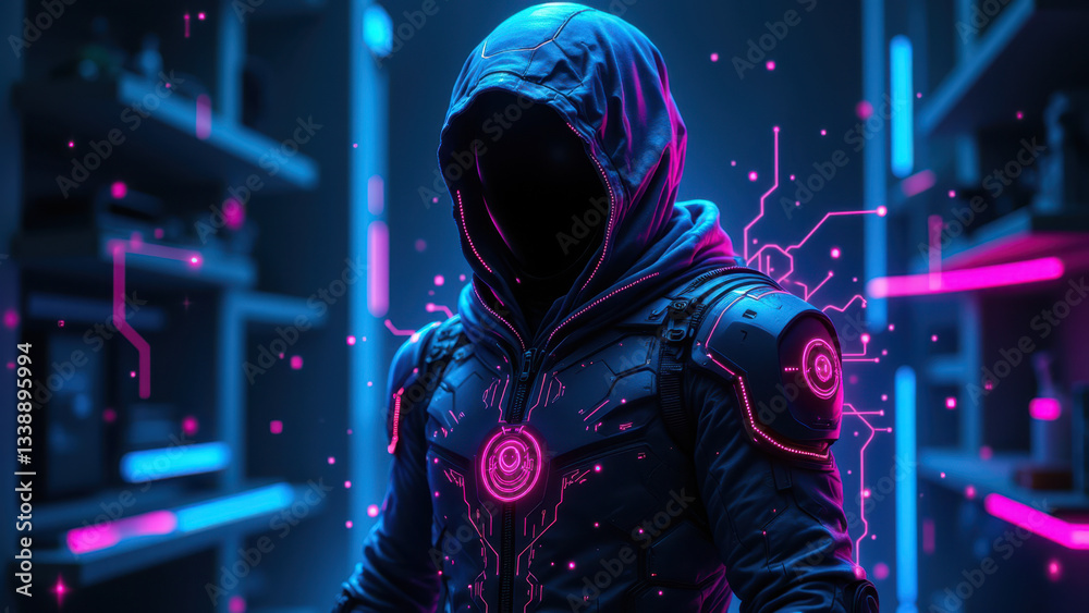 Futuristic hacker character standing amidst vibrant digital light effects, emphasizing cybersecurity and advanced technology. Futuristic hacker character standing amidst vibrant digital light effects, emphasizing cybersecurity and advanced technology.
