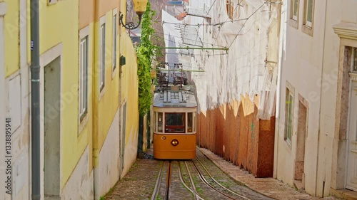 Lisbon, Portugal, 26 February 2025: The old yellow tram, funicular on the narrow street in Lisbon