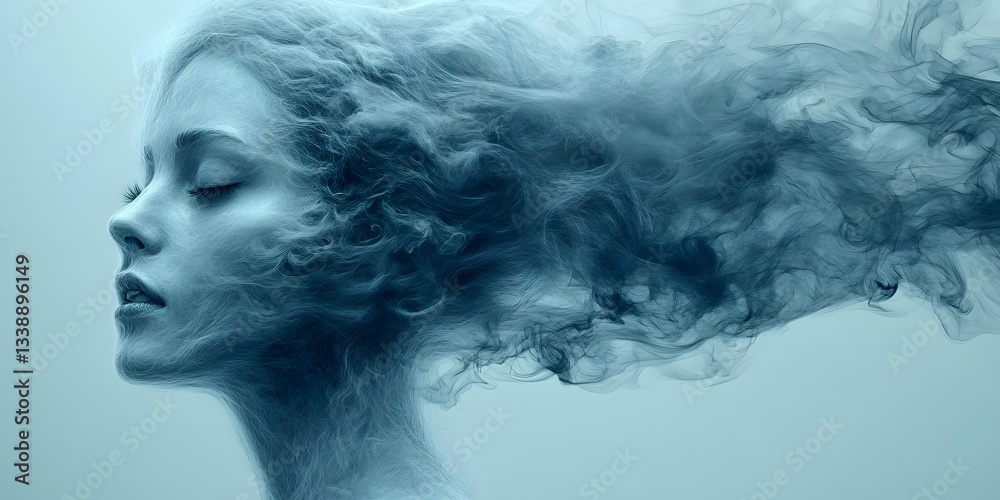 Fototapeta premium Mystical Aura: A portrait of a serene woman whose hair seems to transform into ethereal smoke or vapor, creating a dreamlike atmosphere. 