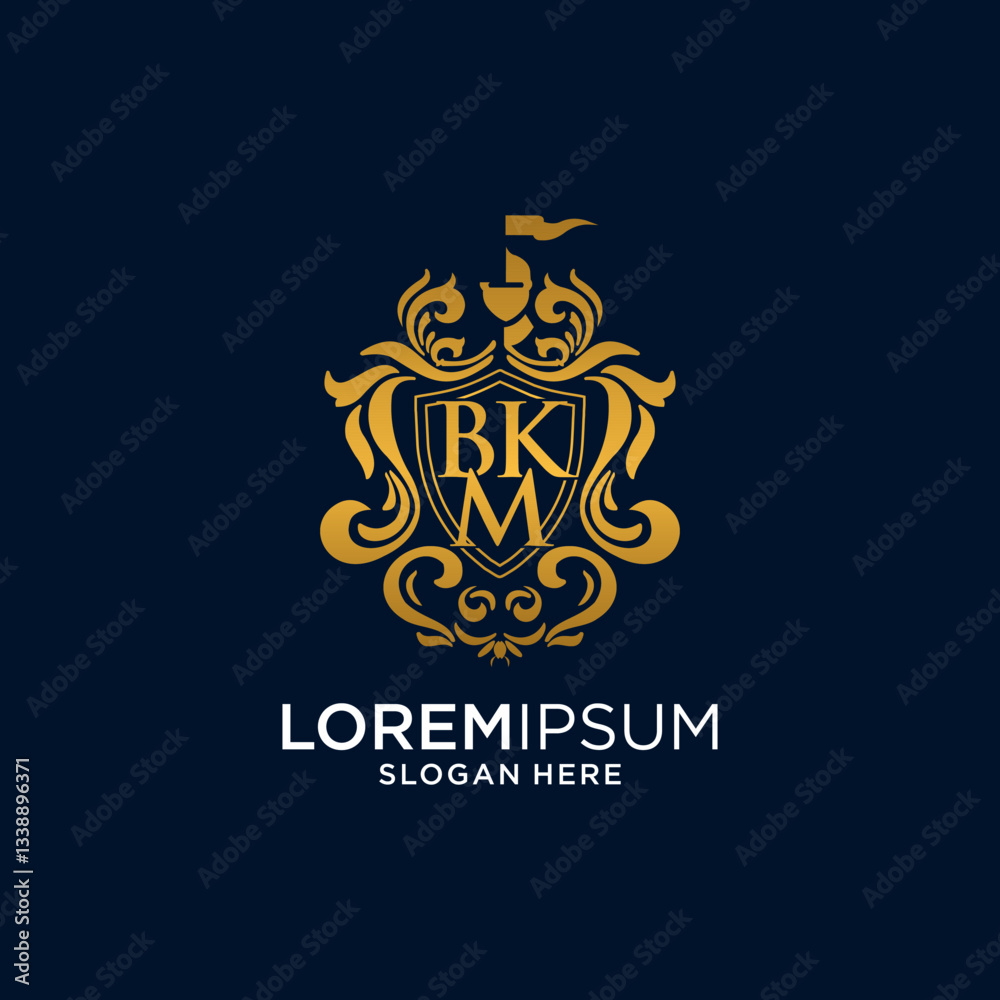 Fototapeta premium Gold Ornate Monogram Logo with BK Initials on Dark Blue Background