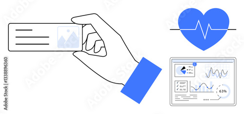 Hand holding ID card, blue heart with heartbeat line, and data analysis dashboard. Ideal for healthcare, identity, monitoring, analytics, medical records wellness and technology themes. Flat simple