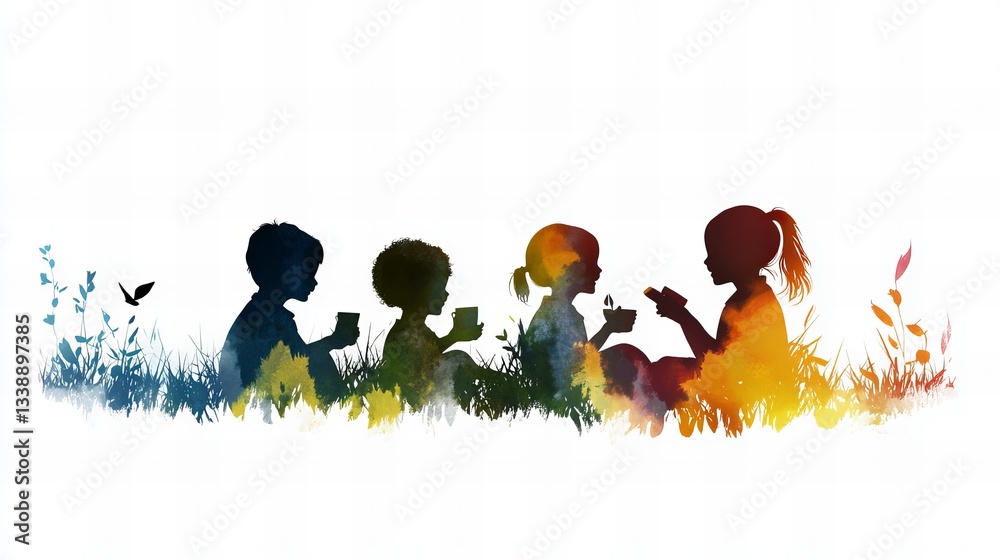 Silhouetted children are sitting in a field of watercolor grass and foliage, each holding a cup or book, creating a sense of peace and quiet against a