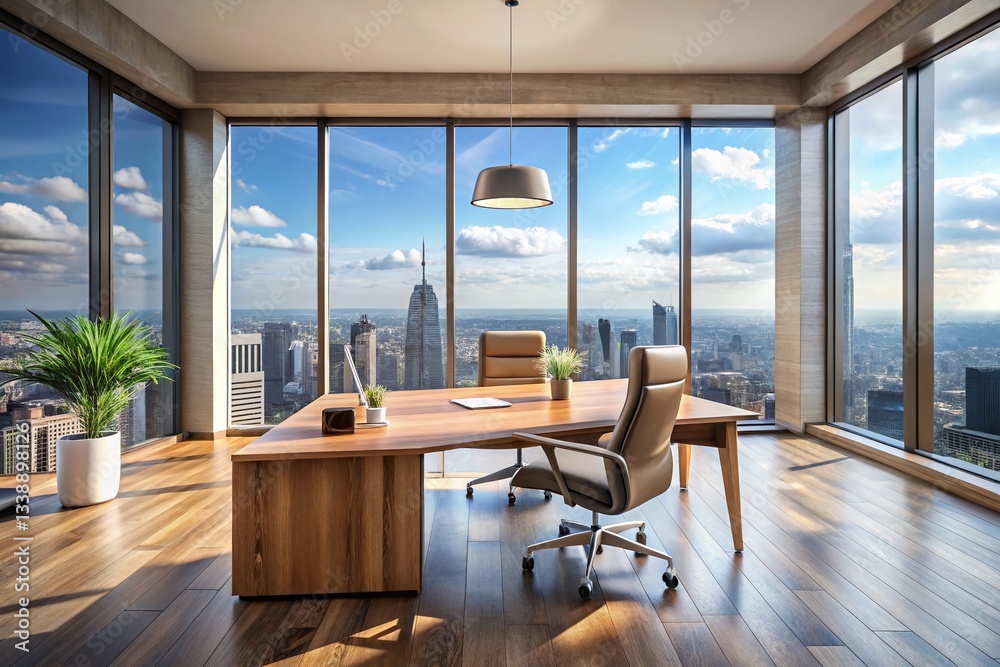 Naklejka premium Modern Office Workspace: Drone View of Cityscape & Wooden Desk