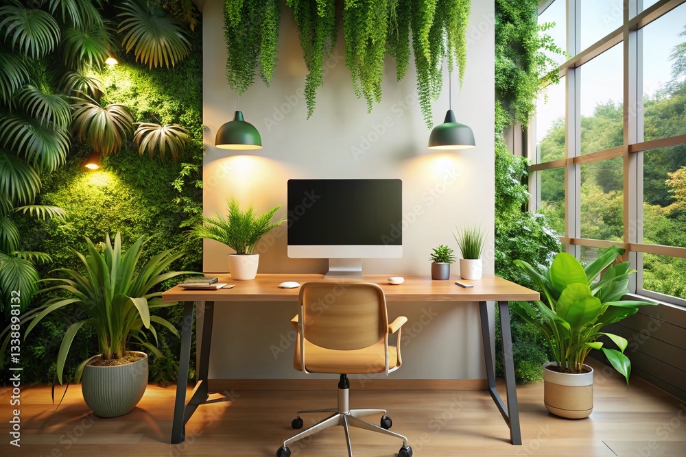 Fototapeta premium Modern Office Workspace: Productive & Inviting Desk Setup with Computer, Plants & Warm Lighting