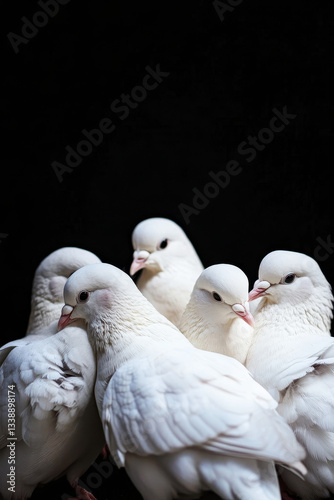 Group of white doves gathered on a dark background in close proximity