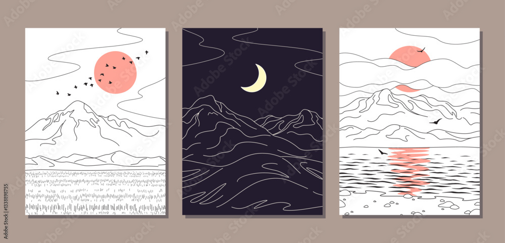 Fototapeta premium Simple Nature Scenes Set with Mountains.