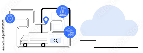 Delivery truck following mapped route with location points for optimization. Ideal for logistics, transportation, supply chain, route planning, cloud computing, fleet management, smart systems. Flat