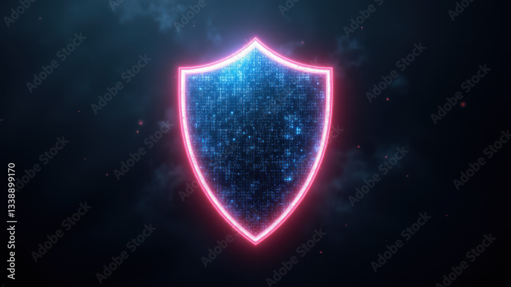 Fototapeta premium Cybersecurity logo with neon blue shield on dark background.